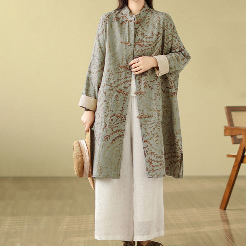 Buddha Stonesカエルボタン 蔓葉 レディース ポケット付きコート - ダークシーグリーン - US14、 UK/AU18、 EU46 (2XL) - image 0