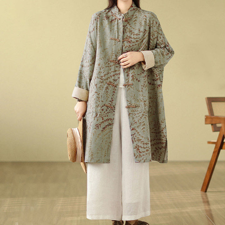 Buddha Stonesカエルボタン 蔓葉 レディース ポケット付きコート - ダークシーグリーン - US14、 UK/AU18、 EU46 (2XL) - image 0