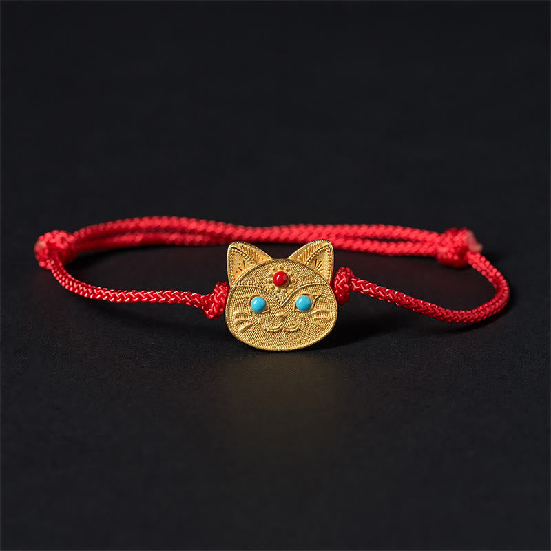 Buddha Stones925スターリングシルバー 猫の赤紐ブレスレット - 14～18cm - image 0