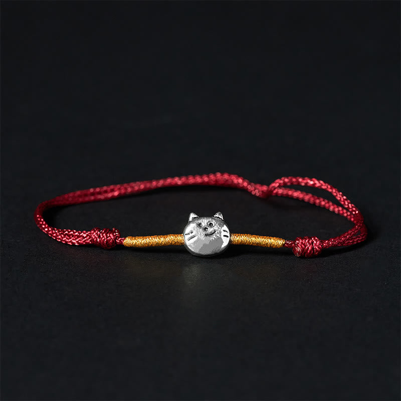 Buddha Stones925スターリングシルバー キュートな猫の赤紐編みブレスレット - 金色の赤紐（手首周り14～18cm） - image 0