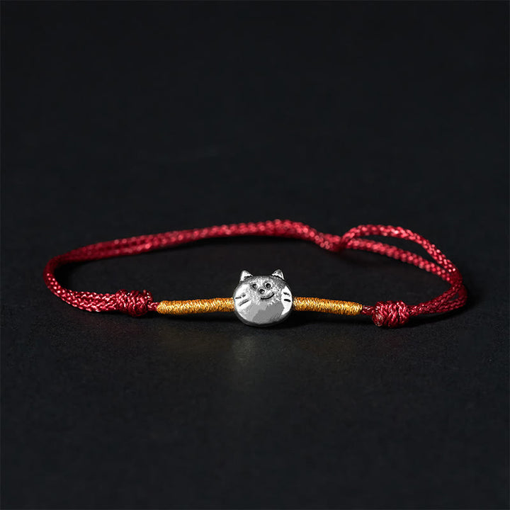 Buddha Stones925スターリングシルバー キュートな猫の赤紐編みブレスレット - 金色の赤紐（手首周り14～18cm） - image 0