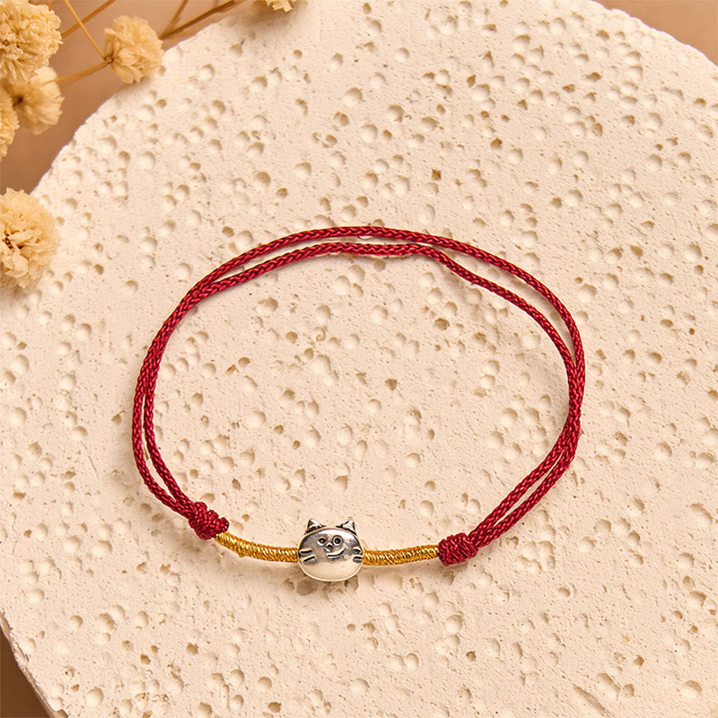 Buddha Stones925スターリングシルバー キュートな猫の赤紐編みブレスレット - image 2