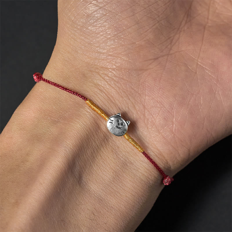Buddha Stones925スターリングシルバー キュートな猫の赤紐編みブレスレット - image 3