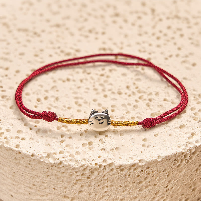 Buddha Stones925スターリングシルバー キュートな猫の赤紐編みブレスレット - image 1