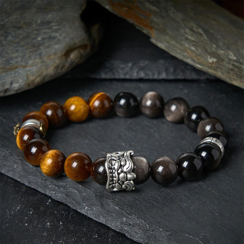 Buddha Stonesタイガーアイ シルバーシーン オブシディアンオーム・マニ・パドメ・フムホース ピクシウ ビースト 勇気ブレスレット - image 1