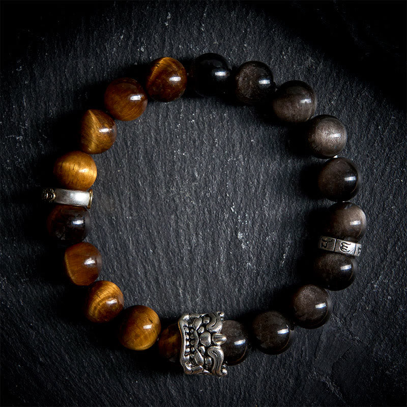 Buddha Stonesタイガーアイ シルバーシーン オブシディアンオーム・マニ・パドメ・フムホース ピクシウ ビースト 勇気ブレスレット - 20cm - image 0