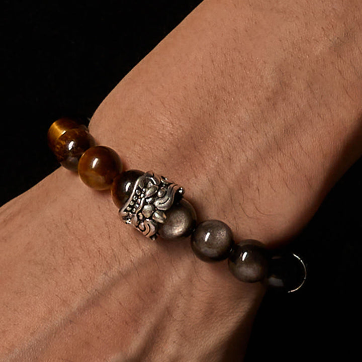 Buddha Stonesタイガーアイ シルバーシーン オブシディアンオーム・マニ・パドメ・フムホース ピクシウ ビースト 勇気ブレスレット - image 5