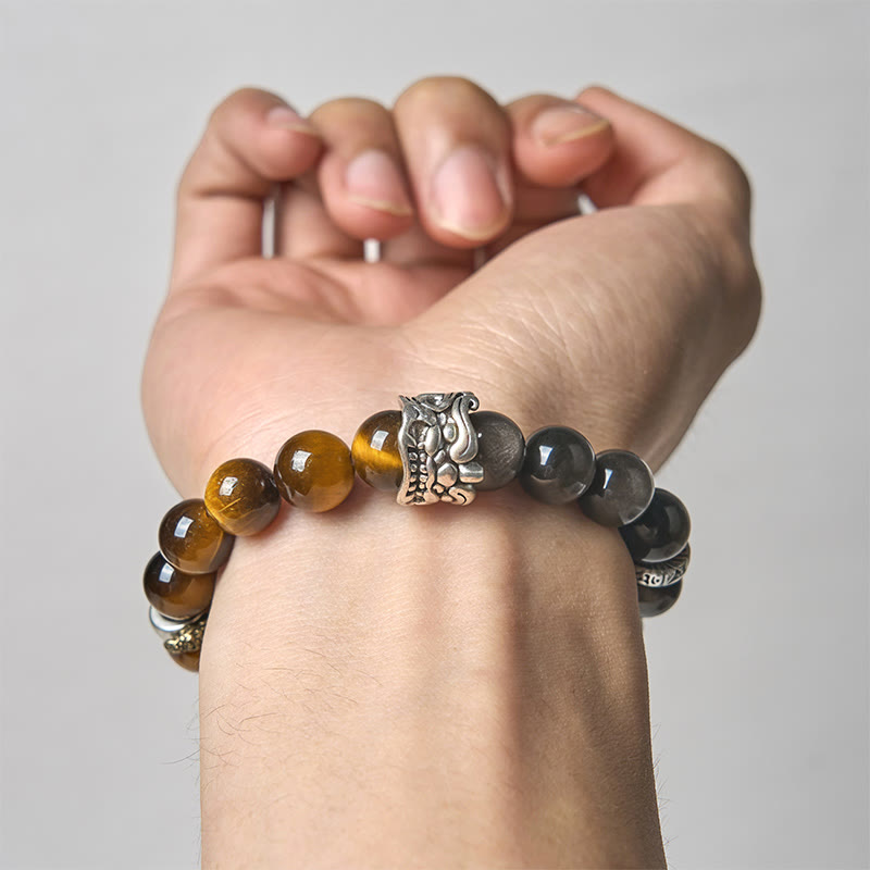 Buddha Stonesタイガーアイ シルバーシーン オブシディアンオーム・マニ・パドメ・フムホース ピクシウ ビースト 勇気ブレスレット - image 4