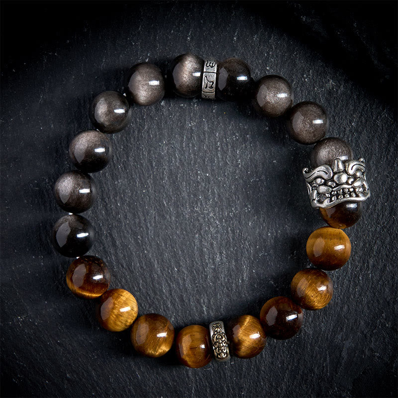Buddha Stonesタイガーアイ シルバーシーン オブシディアンオーム・マニ・パドメ・フムホース ピクシウ ビースト 勇気ブレスレット - image 2