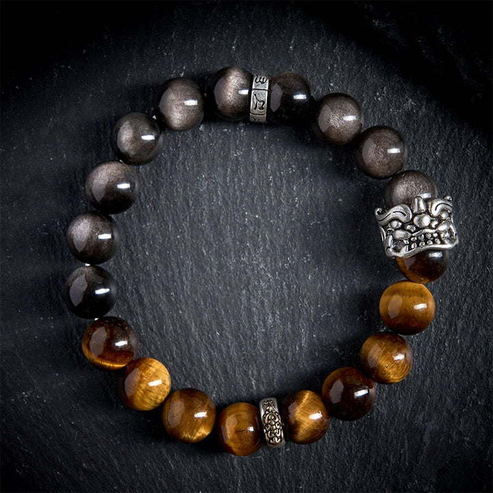 Buddha Stonesタイガーアイ シルバーシーン オブシディアンオーム・マニ・パドメ・フムホース ピクシウ ビースト 勇気ブレスレット - image 2