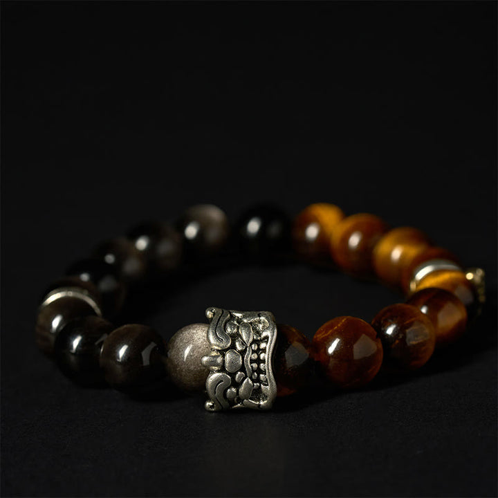 Buddha Stonesタイガーアイ シルバーシーン オブシディアンオーム・マニ・パドメ・フムホース ピクシウ ビースト 勇気ブレスレット - image 3