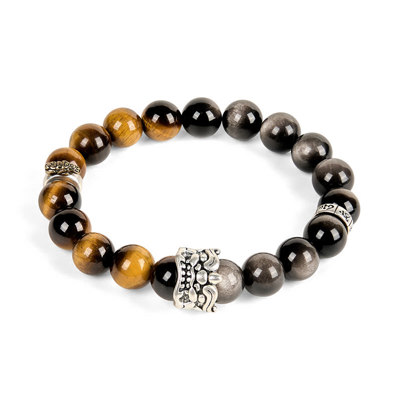 Buddha Stonesタイガーアイ シルバーシーン オブシディアンオーム・マニ・パドメ・フムホース ピクシウ ビースト 勇気ブレスレット - image 6