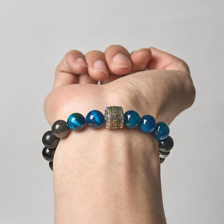 Buddha Stonesナチュラル シルバー シーン オブシディアン ブルー タイガーアイオーム・マニ・パドメ・フムコミュニケーション ブレスレット - image 3