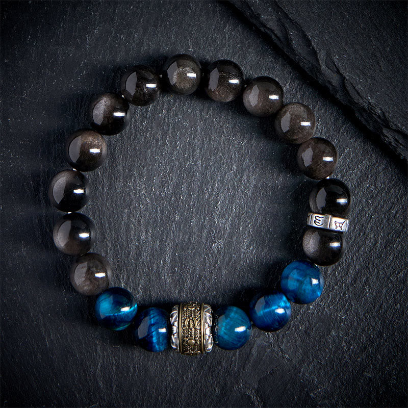 Buddha Stonesナチュラル シルバー シーン オブシディアン ブルー タイガーアイオーム・マニ・パドメ・フムコミュニケーション ブレスレット - image 1