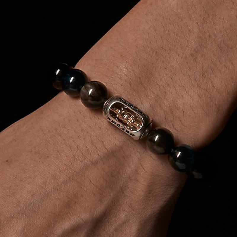 Buddha Stones天然シルバー光沢オブシディアン ブルータイガーアイオーム・マニ・パドメ・フム癒しのブレスレット - image 3