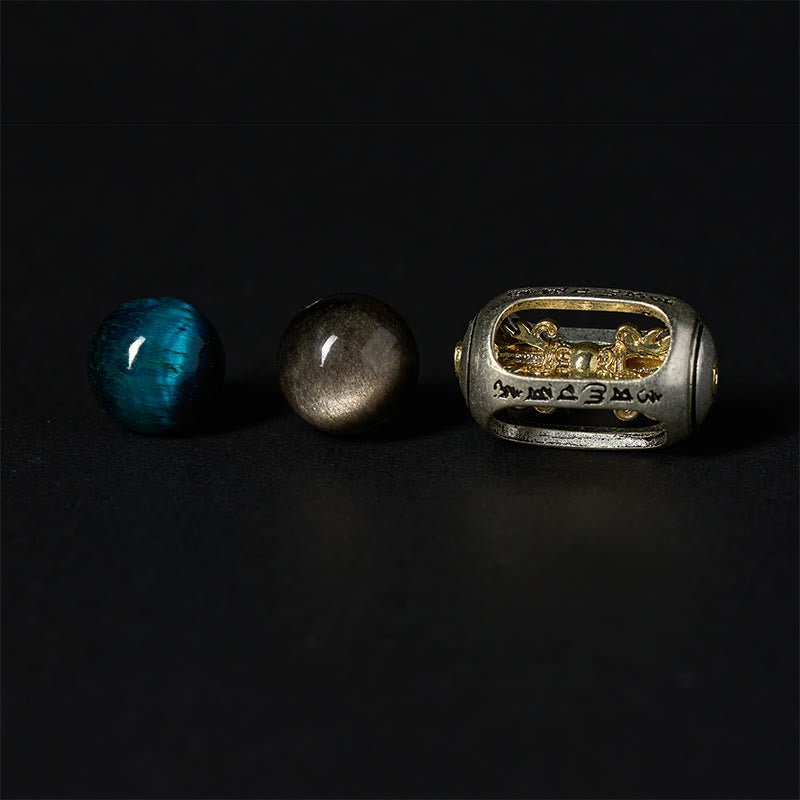 Buddha Stones天然シルバー光沢オブシディアン ブルータイガーアイオーム・マニ・パドメ・フム癒しのブレスレット - image 7