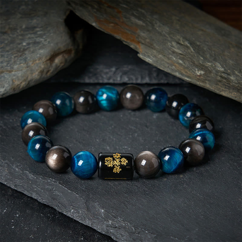 Buddha Stonesシルバーシーンオブシディアン ブルータイガーアイ ブラックオニキス 五行守護ブレスレット - 20cm - image 0