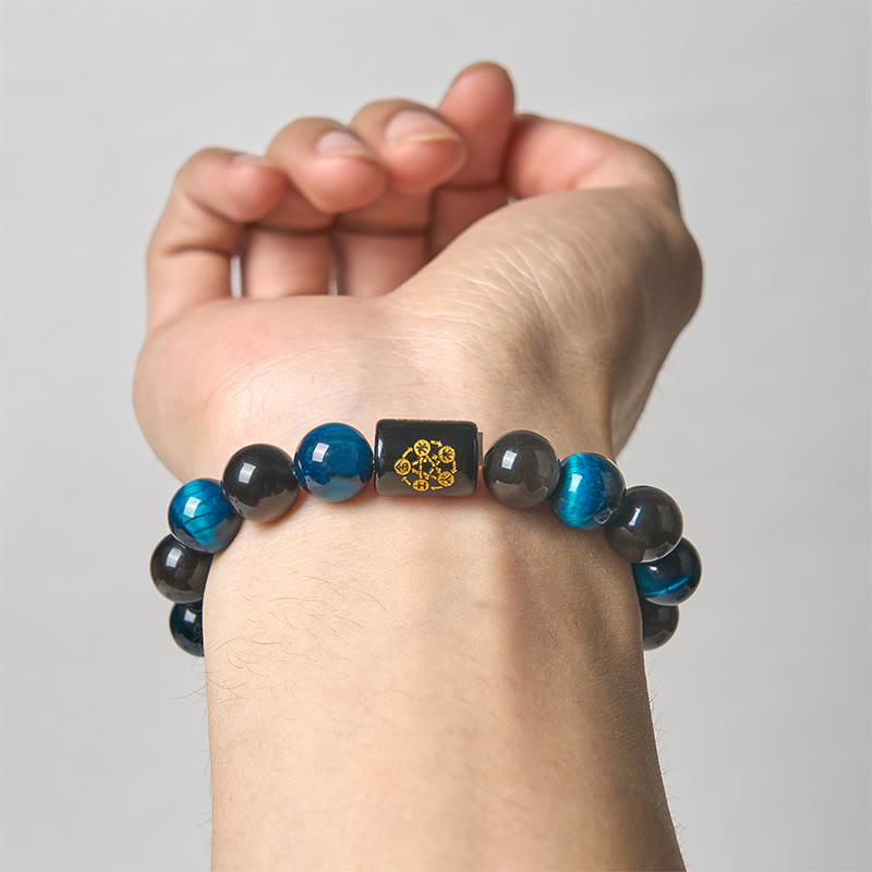 Buddha Stonesシルバーシーンオブシディアン ブルータイガーアイ ブラックオニキス 五行守護ブレスレット - image 3