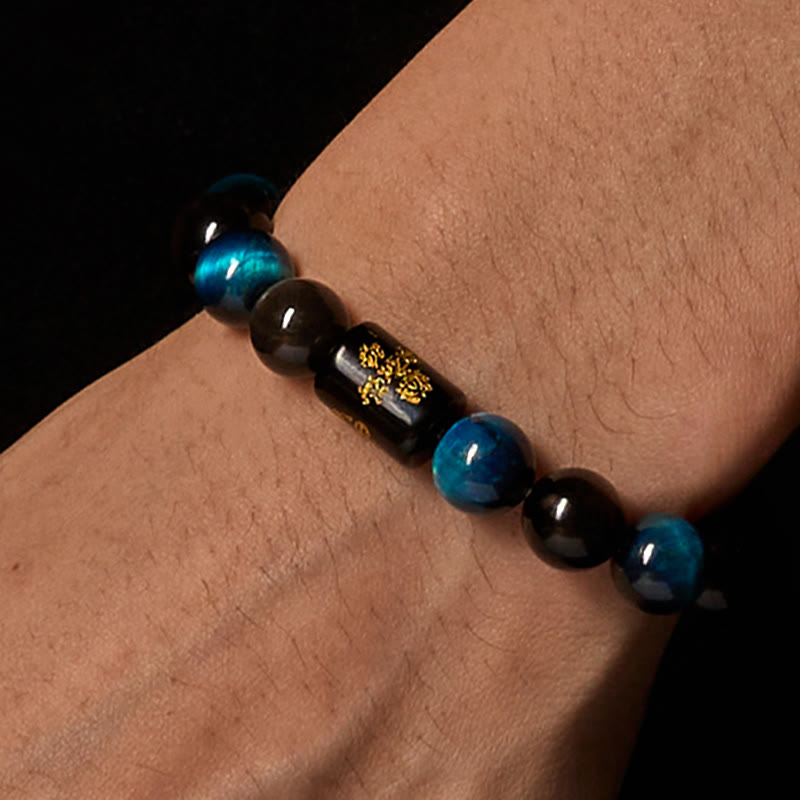 Buddha Stonesシルバーシーンオブシディアン ブルータイガーアイ ブラックオニキス 五行守護ブレスレット - image 2