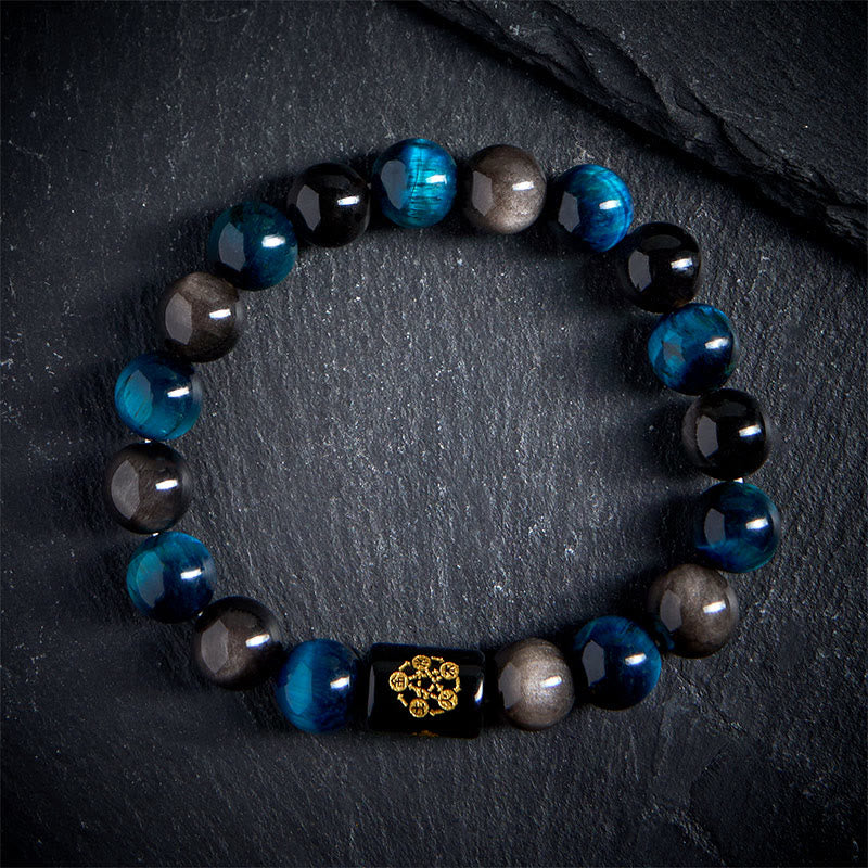 Buddha Stonesシルバーシーンオブシディアン ブルータイガーアイ ブラックオニキス 五行守護ブレスレット - image 1