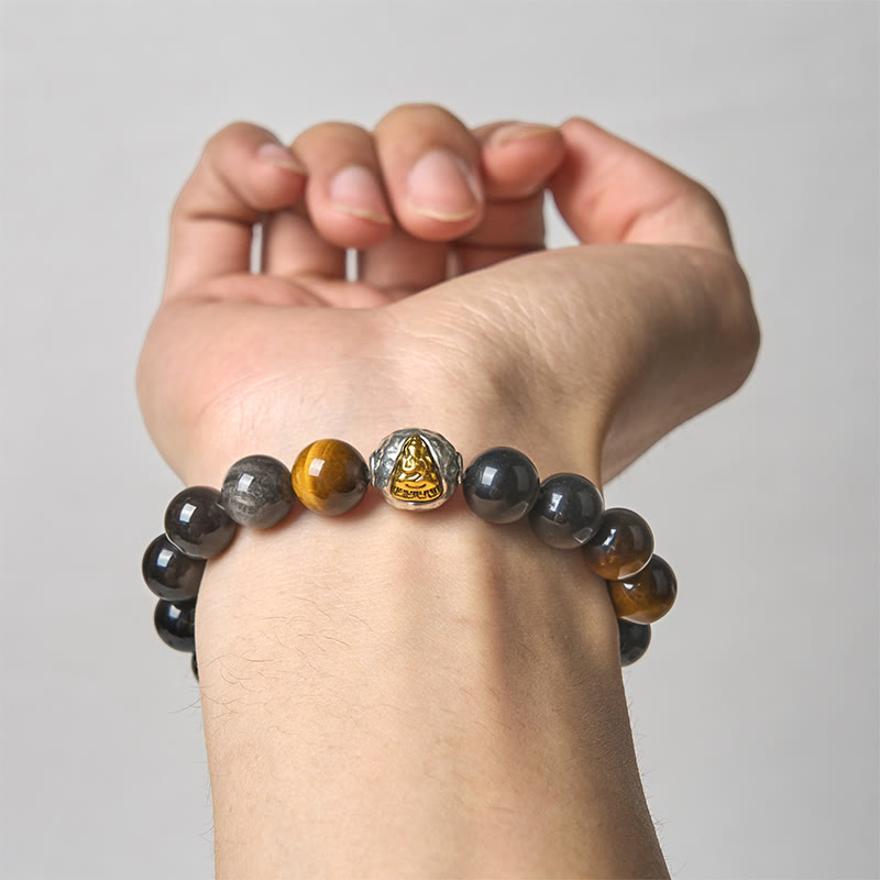 Buddha Stones天然銀光沢黒曜石 タイガーアイ 三面仏守護ブレスレット - image 4