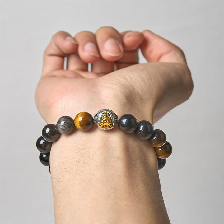 Buddha Stones天然銀光沢黒曜石 タイガーアイ 三面仏守護ブレスレット - image 4