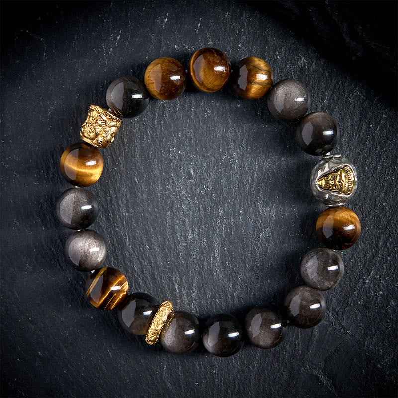 Buddha Stones天然銀光沢黒曜石 タイガーアイ 三面仏守護ブレスレット - 20cm - image 0