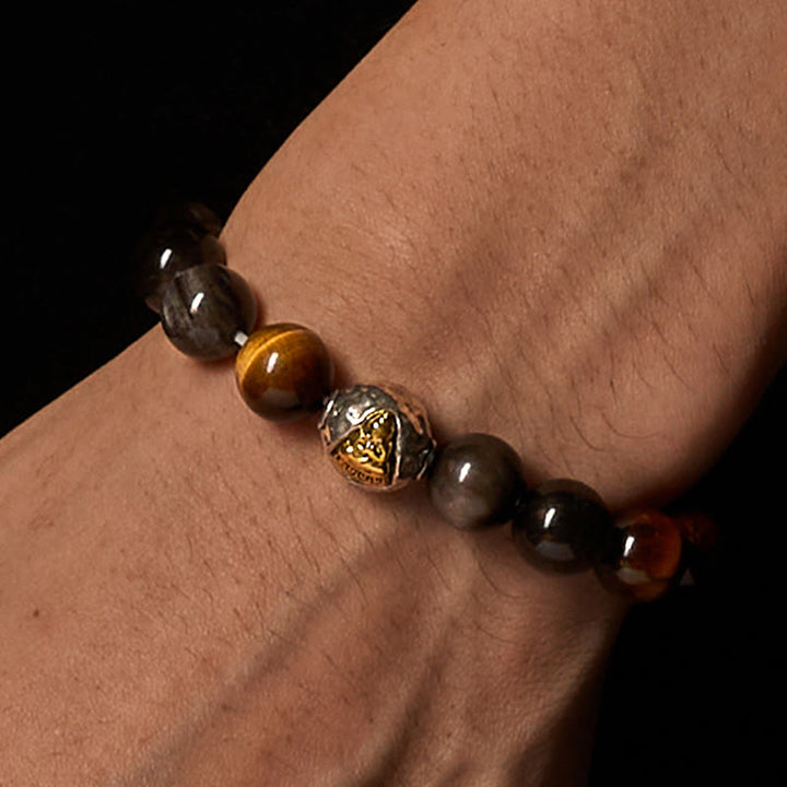 Buddha Stones天然銀光沢黒曜石 タイガーアイ 三面仏守護ブレスレット - image 3