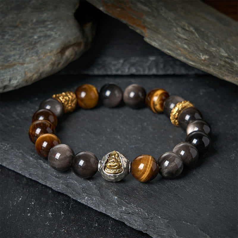 Buddha Stones天然銀光沢黒曜石 タイガーアイ 三面仏守護ブレスレット - image 1
