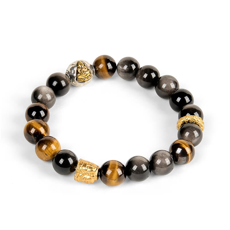 Buddha Stones天然銀光沢黒曜石 タイガーアイ 三面仏守護ブレスレット - image 5