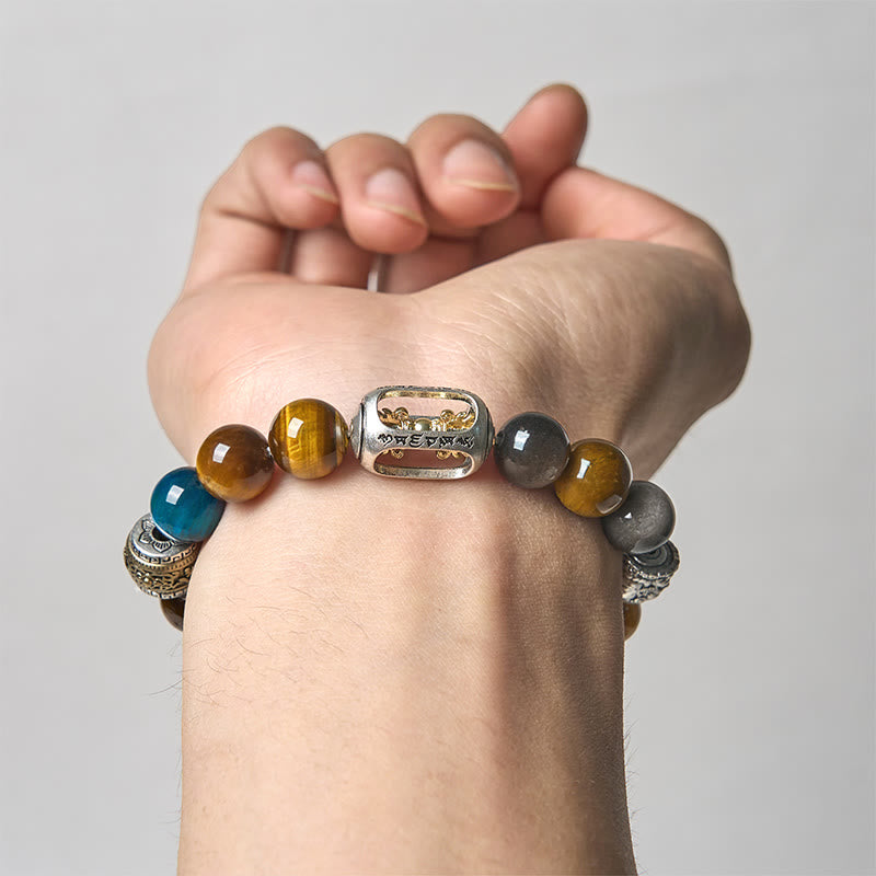 Buddha Stonesシルバーシーンオブシディアン タイガーオーム・マニ・パドメ・フム三面仏幸運を呼ぶブレスレット - image 4