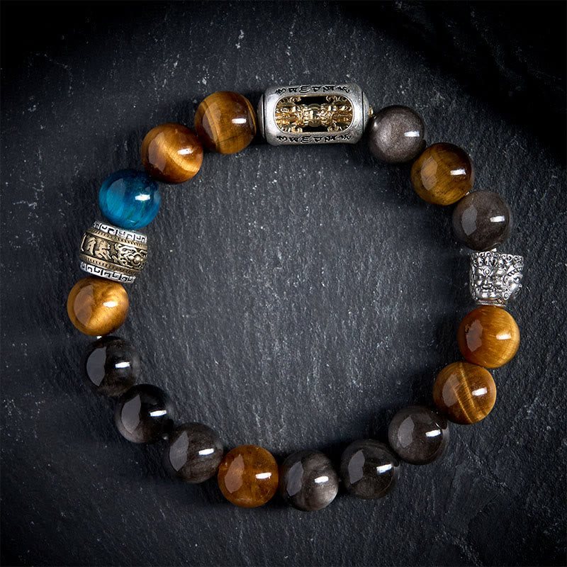 Buddha Stonesシルバーシーンオブシディアン タイガーオーム・マニ・パドメ・フム三面仏幸運を呼ぶブレスレット - image 2