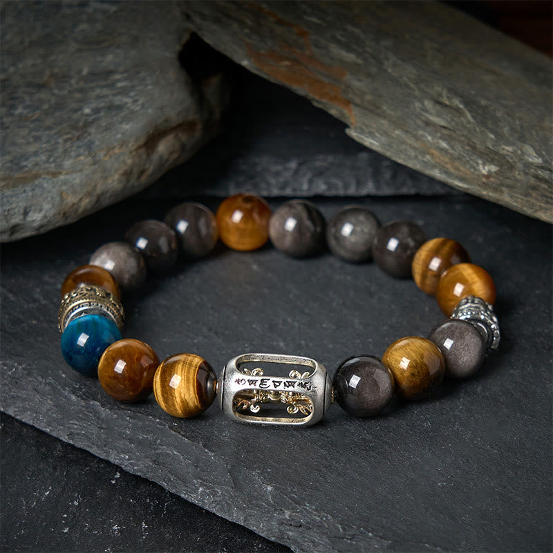 Buddha Stonesシルバーシーンオブシディアン タイガーオーム・マニ・パドメ・フム三面仏幸運を呼ぶブレスレット - image 1