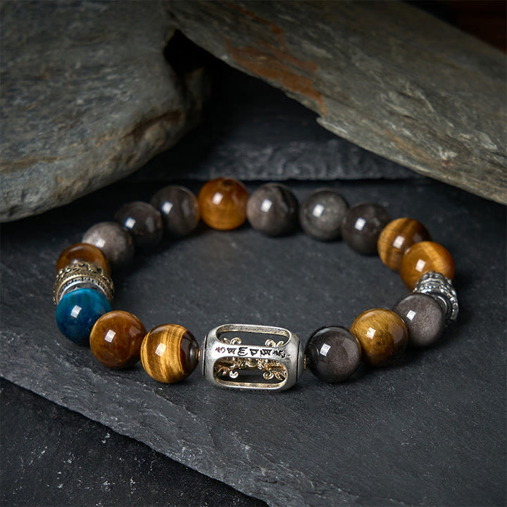 Buddha Stonesシルバーシーンオブシディアン タイガーオーム・マニ・パドメ・フム三面仏幸運を呼ぶブレスレット - image 1