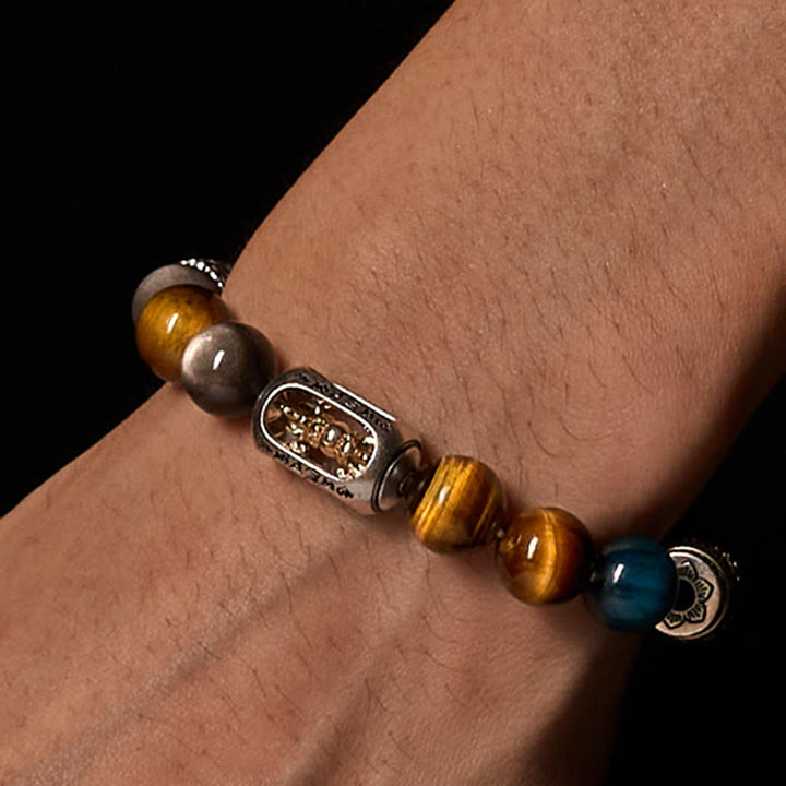 Buddha Stonesシルバーシーンオブシディアン タイガーオーム・マニ・パドメ・フム三面仏幸運を呼ぶブレスレット - image 3