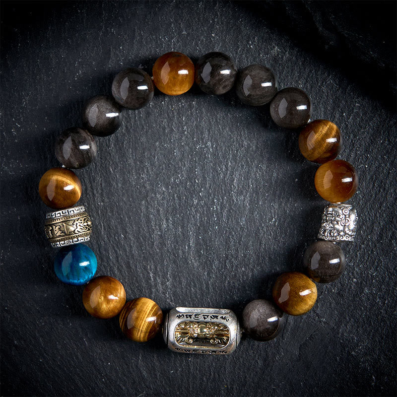Buddha Stonesシルバーシーンオブシディアン タイガーオーム・マニ・パドメ・フム三面仏幸運を呼ぶブレスレット - 20cm - image 0