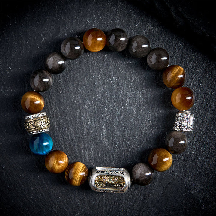Buddha Stonesシルバーシーンオブシディアン タイガーオーム・マニ・パドメ・フム三面仏幸運を呼ぶブレスレット - 20cm - image 0