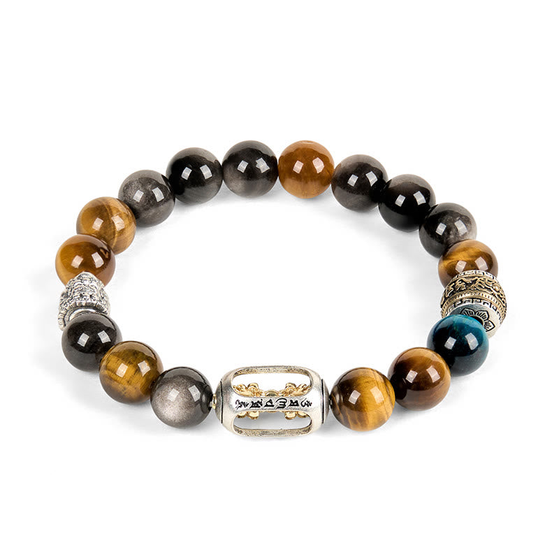 Buddha Stonesシルバーシーンオブシディアン タイガーオーム・マニ・パドメ・フム三面仏幸運を呼ぶブレスレット - image 5