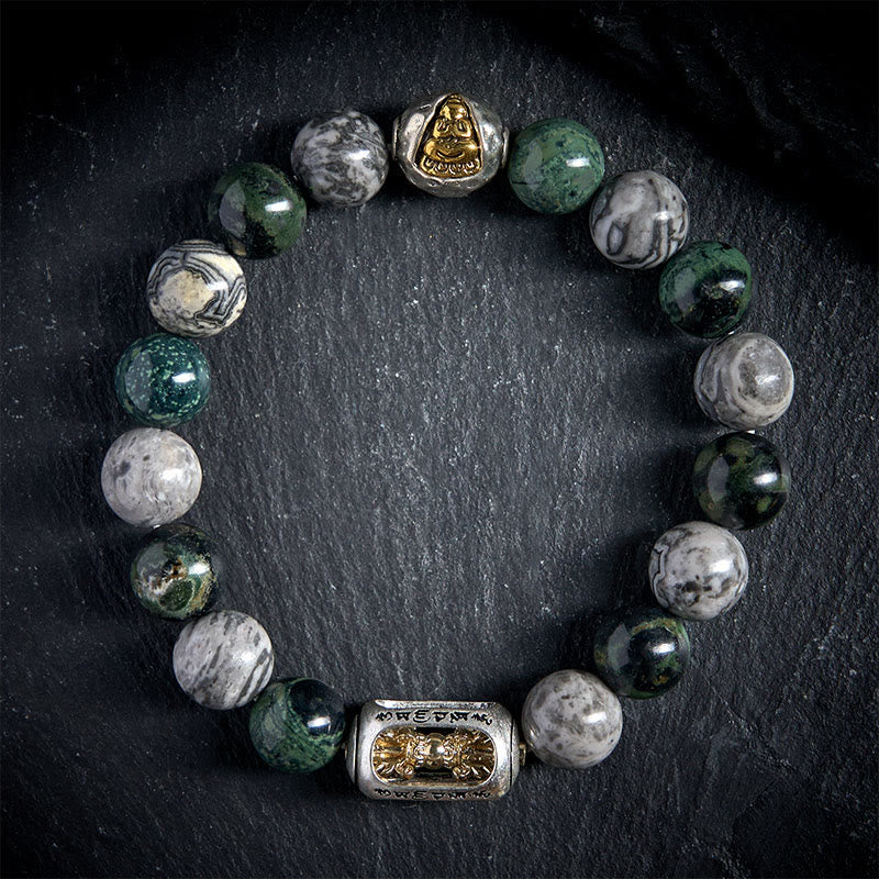 Buddha Stonesナチュラル グレー ジャスパー カンバンバ ジャスパーオーム・マニ・パドメ・フム無形の仏ヒーリング ブレスレット - image 1