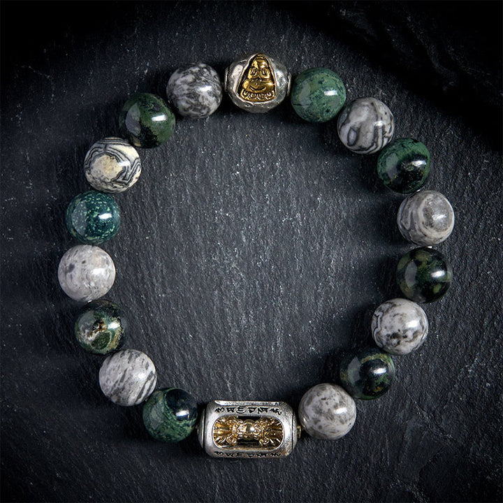 Buddha Stonesナチュラル グレー ジャスパー カンバンバ ジャスパーオーム・マニ・パドメ・フム無形の仏ヒーリング ブレスレット - image 1