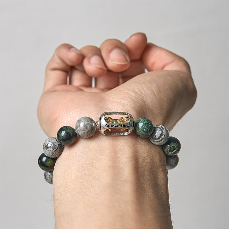 Buddha Stonesナチュラル グレー ジャスパー カンバンバ ジャスパーオーム・マニ・パドメ・フム無形の仏ヒーリング ブレスレット - image 3