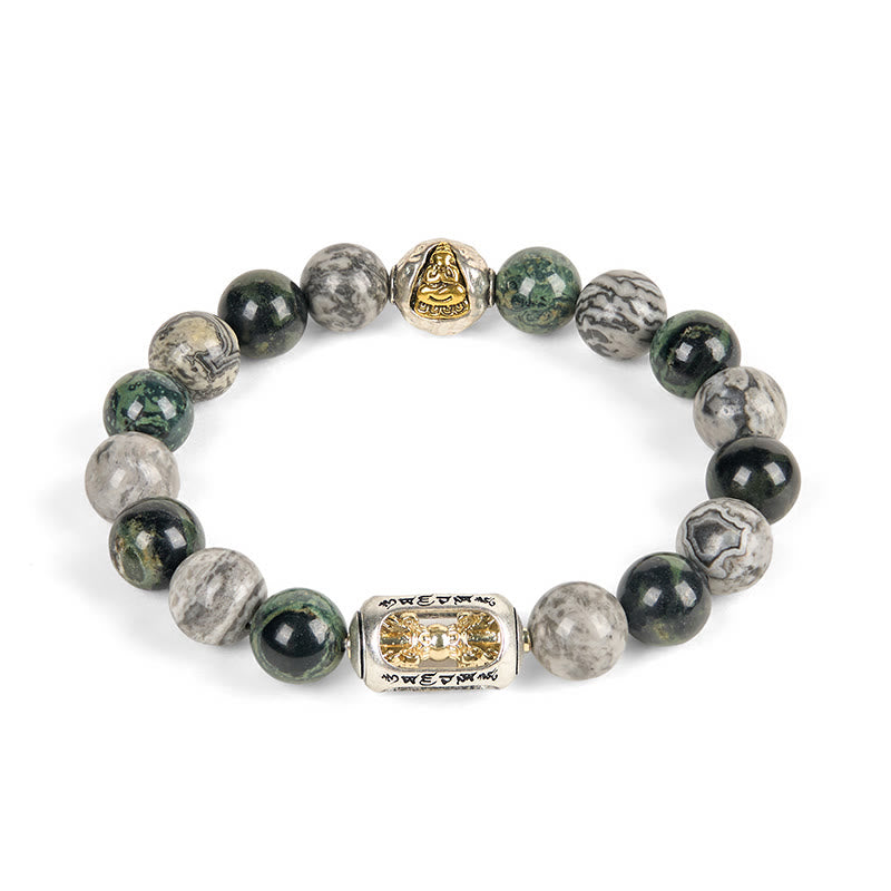 Buddha Stonesナチュラル グレー ジャスパー カンバンバ ジャスパーオーム・マニ・パドメ・フム無形の仏ヒーリング ブレスレット - image 4