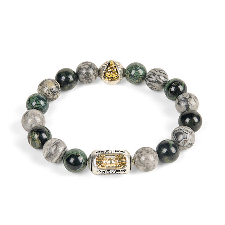 Buddha Stonesナチュラル グレー ジャスパー カンバンバ ジャスパーオーム・マニ・パドメ・フム無形の仏ヒーリング ブレスレット - image 4