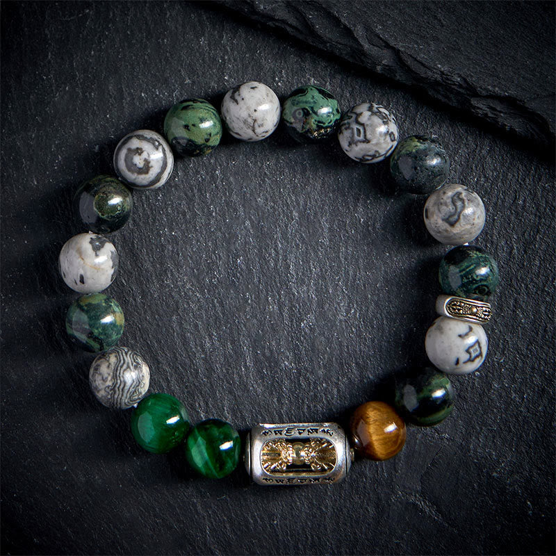 Buddha Stonesナチュラルグレージャスパーカンバンバジャスパータイガーアイオーム・マニ・パドメ・フム守護ブレスレット - image 1