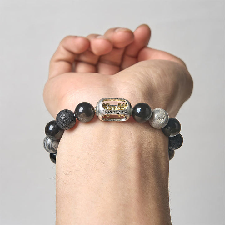 Buddha Stonesシルバー シーン 黒曜石 溶岩石 グレー ジャスパーオーム・マニ・パドメ・フムバジュラ スージング ブレスレット - image 3