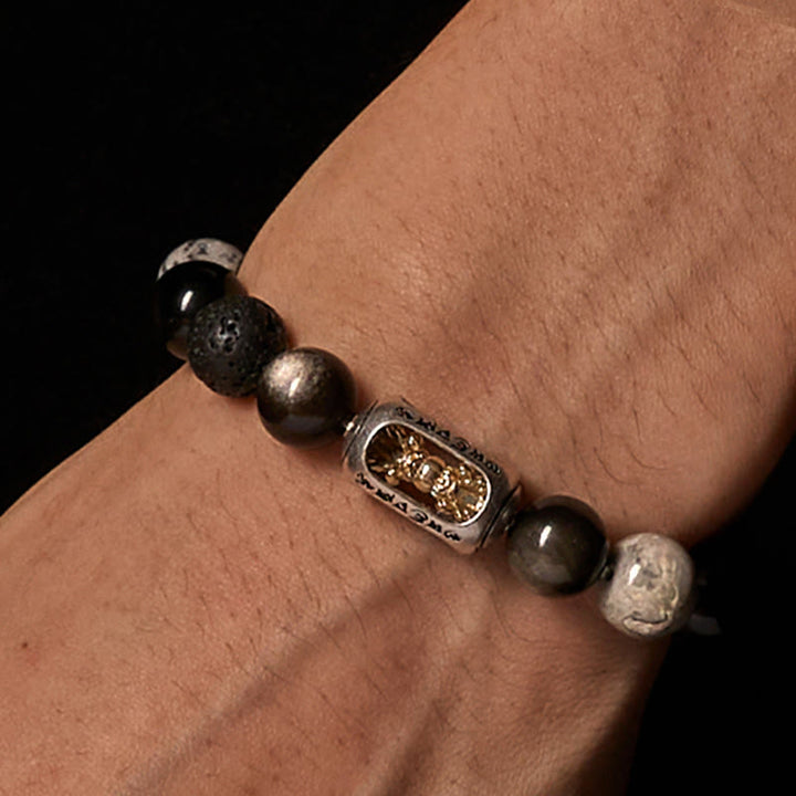 Buddha Stonesシルバー シーン 黒曜石 溶岩石 グレー ジャスパーオーム・マニ・パドメ・フムバジュラ スージング ブレスレット - image 2