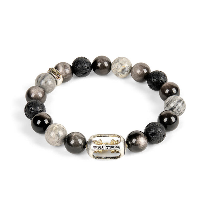 Buddha Stonesシルバー シーン 黒曜石 溶岩石 グレー ジャスパーオーム・マニ・パドメ・フムバジュラ スージング ブレスレット - image 4