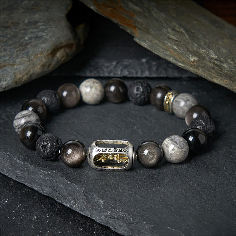 Buddha Stonesシルバー シーン 黒曜石 溶岩石 グレー ジャスパーオーム・マニ・パドメ・フムバジュラ スージング ブレスレット - 17cm - image 0