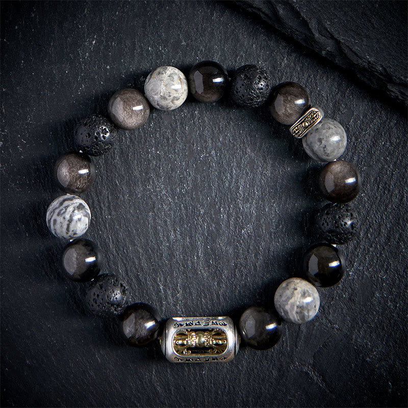 Buddha Stonesシルバー シーン 黒曜石 溶岩石 グレー ジャスパーオーム・マニ・パドメ・フムバジュラ スージング ブレスレット - image 1