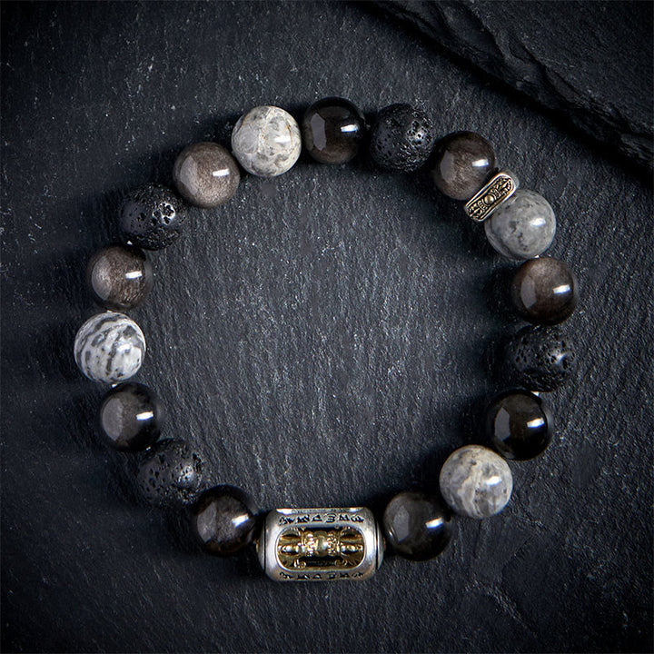 Buddha Stonesシルバー シーン 黒曜石 溶岩石 グレー ジャスパーオーム・マニ・パドメ・フムバジュラ スージング ブレスレット - image 1